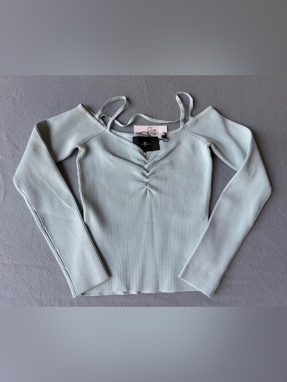 7 For All Mankind Light Sage Ribbed Off-the-Shoulder Sweater with Straps